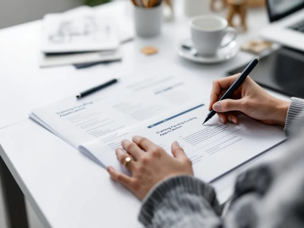 Dossier de financement de formation, ordinateur et tasse de café sur un bureau