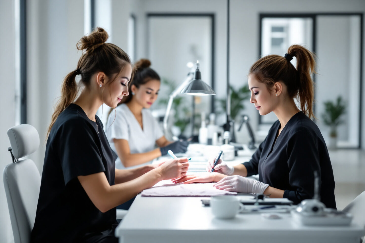 Formatrice guidant une stagiaire pendant une pose de vernis gel, dans une salle de formation lumineuse
