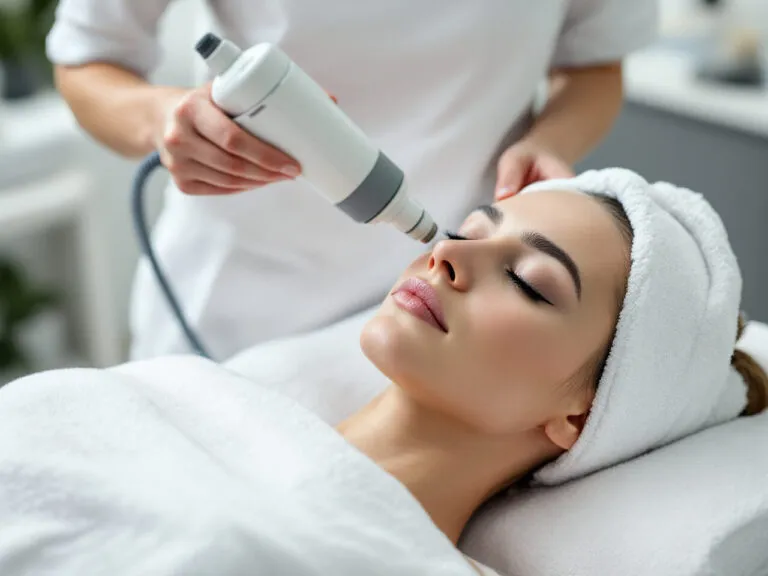 Soin du visage par hydradermabrasion sur une cliente allongée