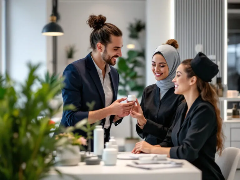 Formateur présentant un pot de soin à deux esthéticiennes souriantes lors d'un atelier de vente