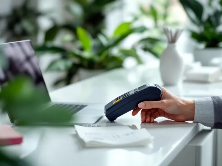 Main utilisant un terminal de paiement à côté d'un ordinateur portable, à l'accueil d'un institut