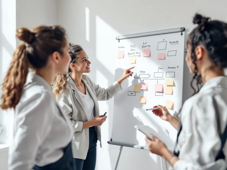 Équipe d'institut réunie devant un tableau couvert de notes adhésives