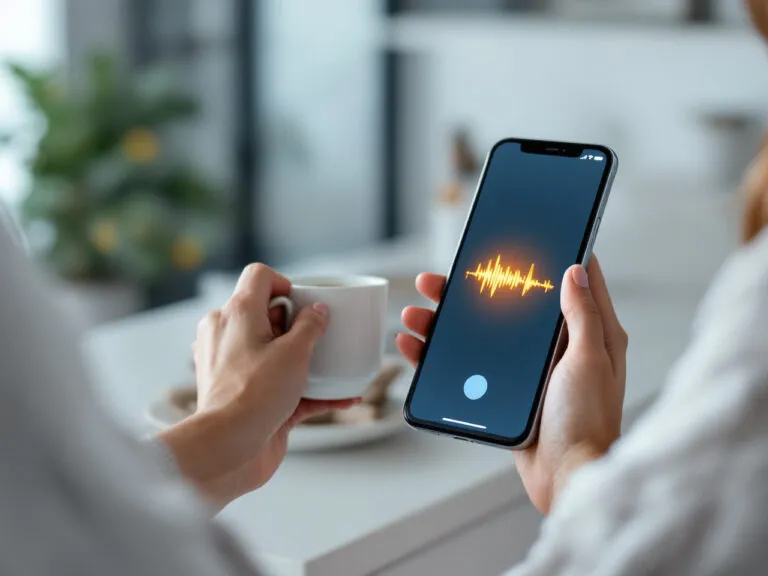Gérante d'institut utilisant un assistant vocal d'intelligence artificielle sur son smartphone