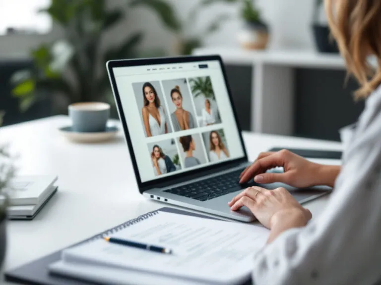 Gérante d'institut créant son site web sur un ordinateur portable
