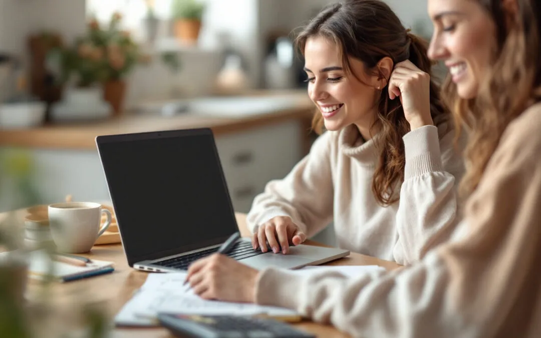 Jeune femme préparant le financement de sa formation sur son ordinateur