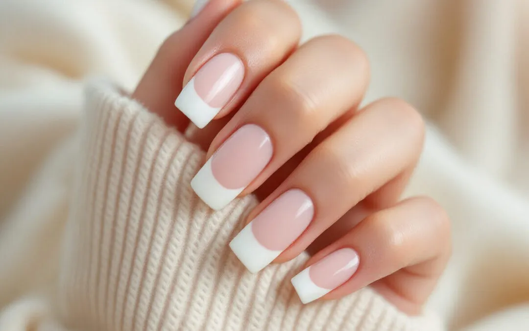 Ongles carrés en french manucure sur un pull en maille crème
