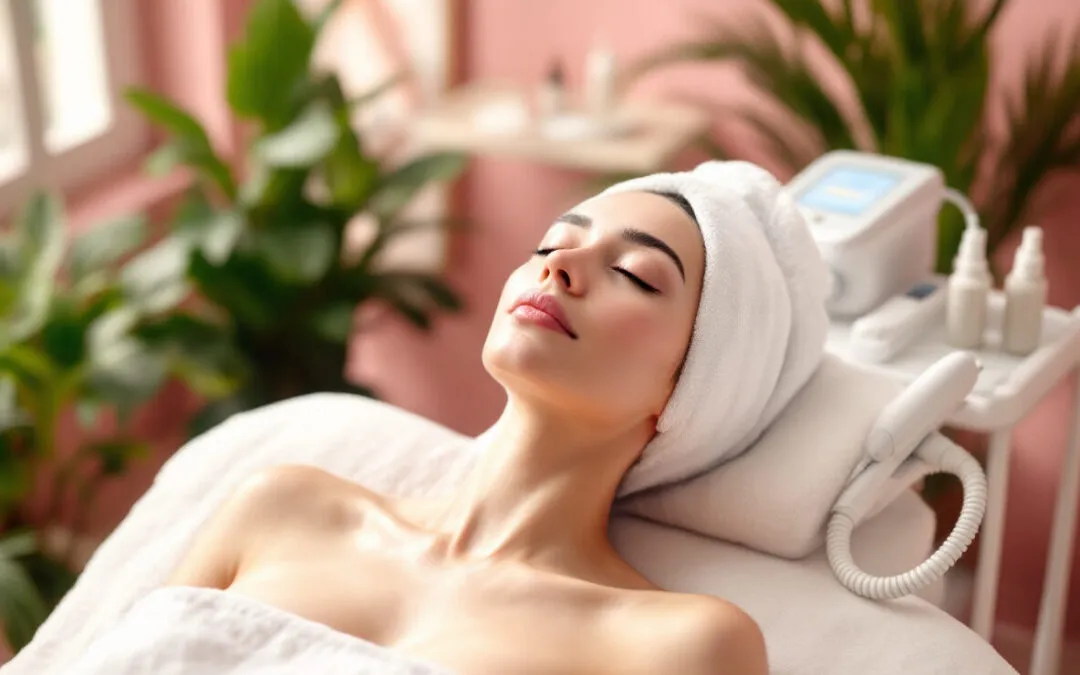 Cliente détendue allongée pour un soin du visage, appareil d’hydradermabrasion à côté