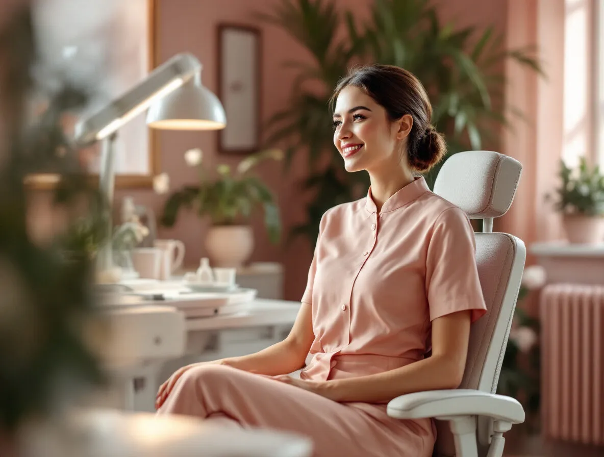Esthéticienne assise sur un siège ergonomique à sa table de travail