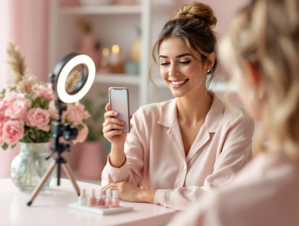 Professionnelle de la beauté préparant une vidéo avec son smartphone et un anneau lumineux