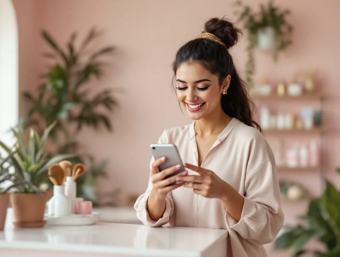 Gérante d’institut utilisant un assistant sur son smartphone