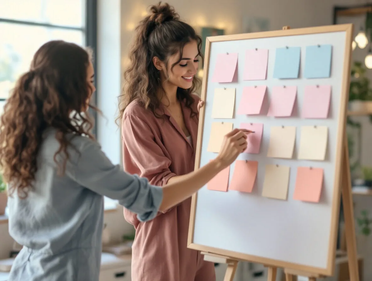 Deux collègues organisant un projet sur un tableau de planification
