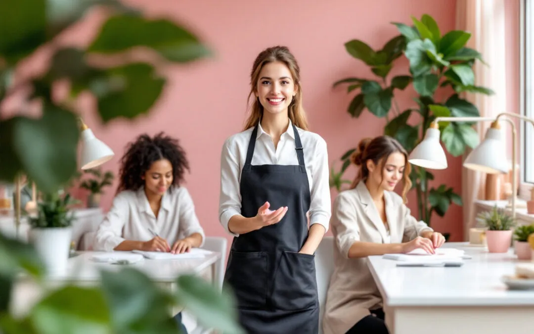 Formatrice souriante en tablier noir aux côtés de deux stagiaires installées à leur table de travail