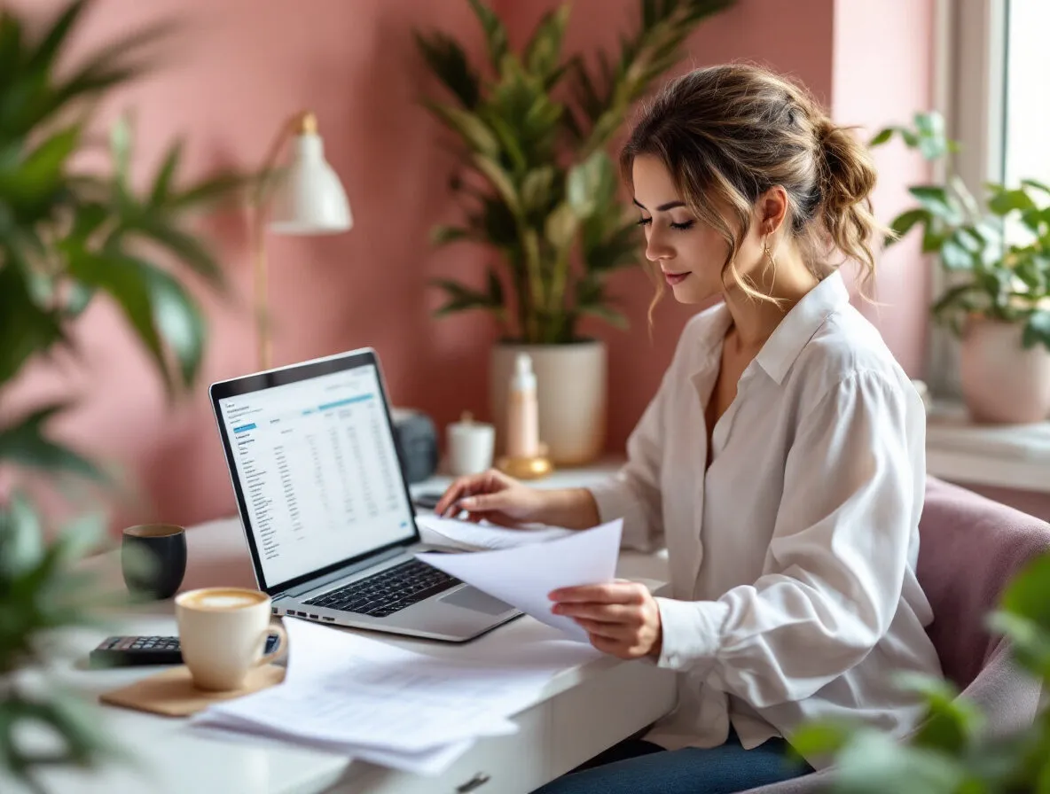 Gérante d’institut vérifiant ses factures à son bureau