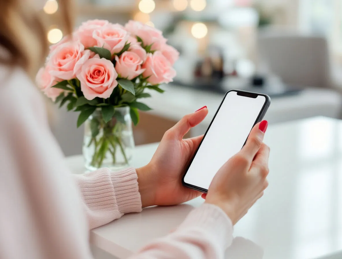 Mains tenant un smartphone près d’un bouquet de roses